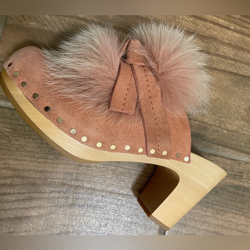 Loeffler Randall Phillips Fox Fur Pom Pom Mule Clog Suede Pink Mauve 35 5 Tan - Picture 5 of 10